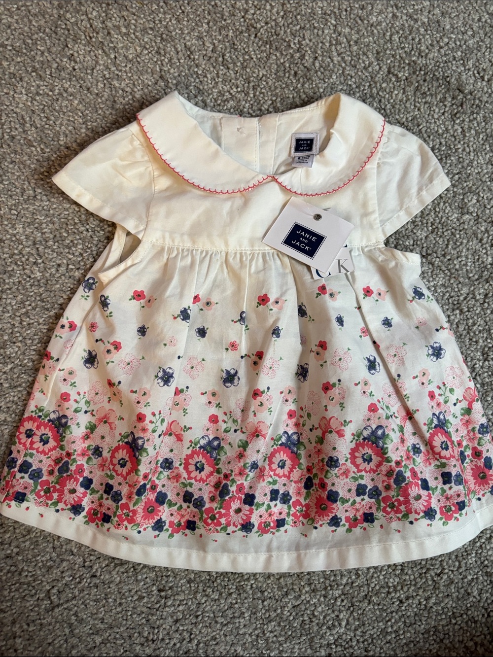 Janie and Jack Ivory Dress with Pink & Navy Floral Border